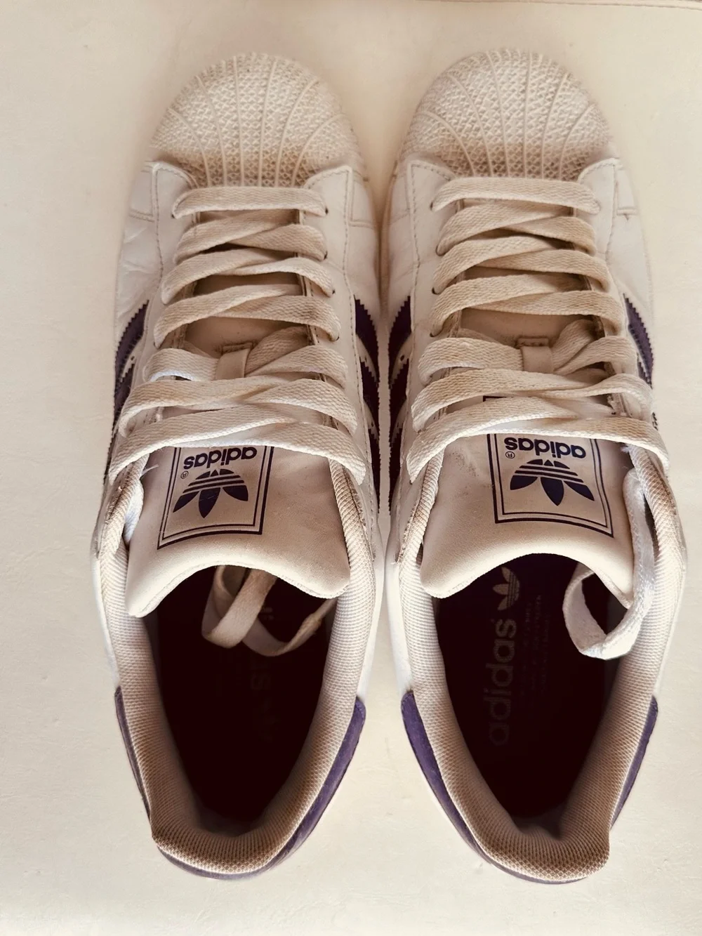 adidas White Sneakers with Purple Stripes